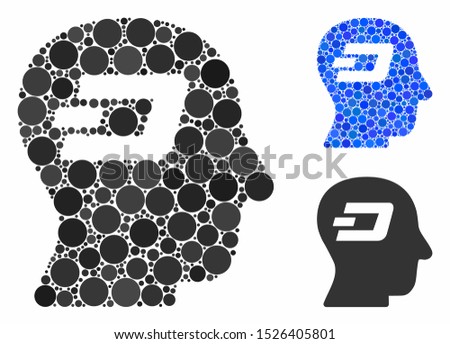 Dash thinking mosaic for Dash thinking icon of round dots in variable sizes and color hues. Vector round dots are united into blue mosaic. Dotted Dash thinking icon in usual and blue versions.