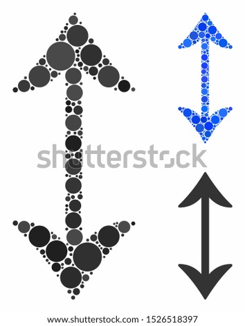 Swap vertically composition for swap vertically icon of round dots in various sizes and color hues. Vector round dots are grouped into blue composition.