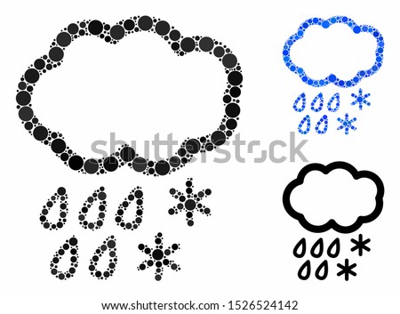 Sleet cloud mosaic for sleet cloud icon of round dots in various sizes and color tints. Vector round dots are combined into blue illustration. Dotted sleet cloud icon in usual and blue versions.