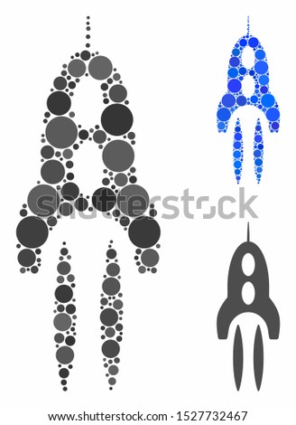 Space rocket composition of circle elements in different sizes and color hues, based on space rocket icon. Vector circle elements are composed into blue composition.