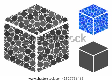 Cube mosaic of filled circles in different sizes and color tinges, based on cube icon. Vector small circles are united into blue mosaic. Dotted cube icon in usual and blue versions.