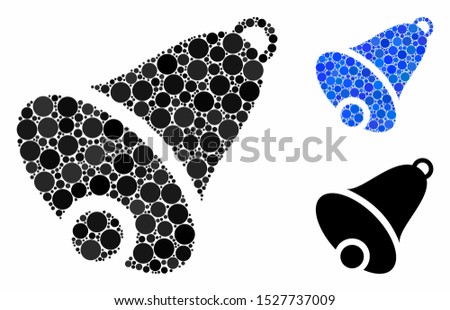 Bell mosaic of round dots in variable sizes and color tinges, based on bell icon. Vector round dots are combined into blue composition. Dotted bell icon in usual and blue versions.