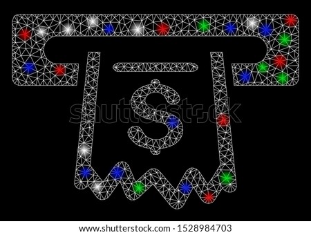 Bright mesh paper receipt terminal with glow effect. White wire frame polygonal mesh in vector format on a black background. Abstract 2d mesh created from polygonal grid, round dots,