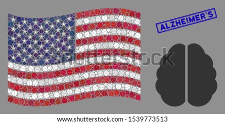 Brain pictograms are organized into American flag stylization with blue rectangle rubber stamp watermark of Alzheimer'S caption.