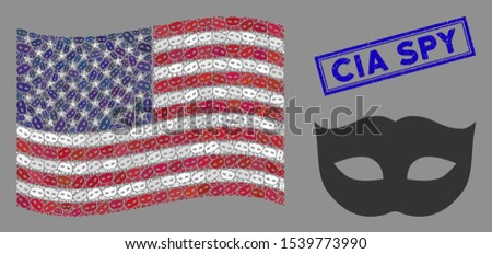 Privacy mask pictograms are combined into USA flag collage with blue rectangle rubber stamp watermark of CIA Spy text.