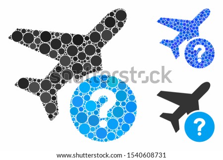 Airplane status mosaic of circle elements in variable sizes and color hues, based on airplane status icon. Vector small circles are organized into blue mosaic.