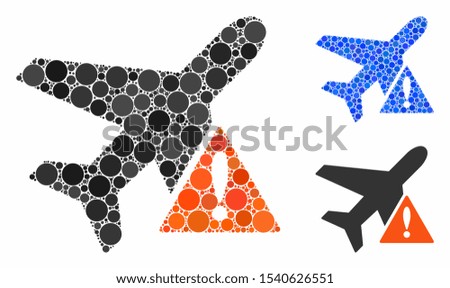 Airplane error composition of filled circles in various sizes and color hues, based on airplane error icon. Vector small circles are united into blue composition.