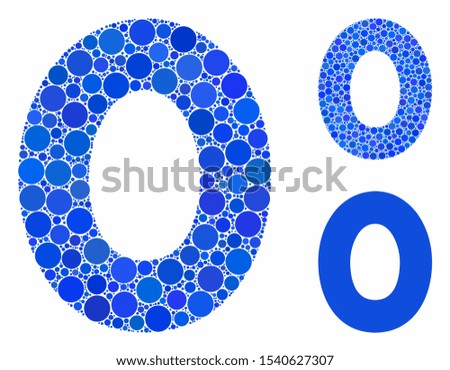 0 digit composition of circle elements in various sizes and color tinges, based on 0 digit icon. Vector circle elements are united into blue mosaic. Dotted 0 digit icon in usual and blue versions.