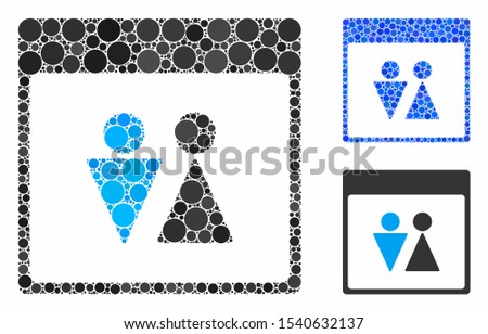 WC persons calendar page composition of round dots in different sizes and shades, based on WC persons calendar page icon. Vector round elements are united into blue composition.