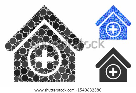 Add building mosaic of circle elements in variable sizes and shades, based on add building icon. Vector circle elements are united into blue illustration.