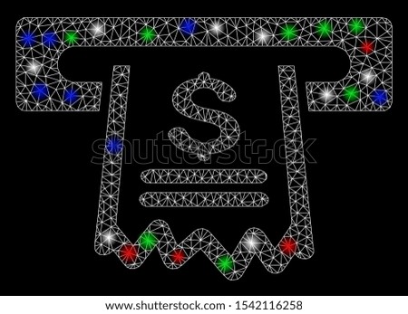 Bright mesh paper receipt machine with glare effect. White wire frame polygonal mesh in vector format on a black background. Abstract 2d mesh designed with polygonal grid, points, colored flash spots.