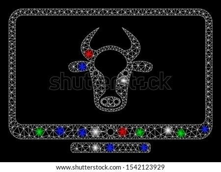 Bright mesh cattle monitor with glow effect. White wire carcass triangular mesh in vector format on a black background. Abstract 2d mesh designed with triangular lines, dots, colored glare spots.