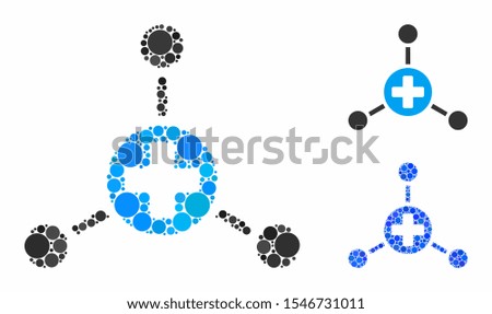 Medical node links composition of round dots in variable sizes and color tinges, based on medical node links icon. Vector round dots are composed into blue illustration.
