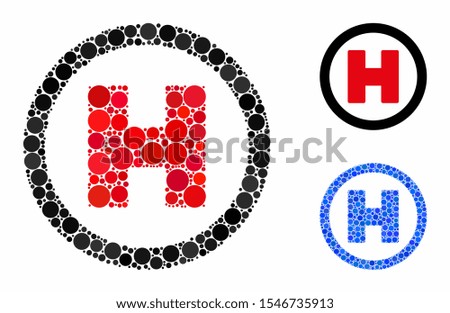 Helicopter landing spot composition of filled circles in various sizes and color hues, based on helicopter landing spot icon. Vector filled circles are organized into blue collage.