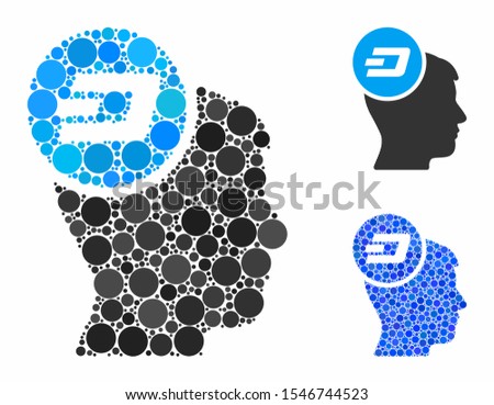 Dash idea head composition of small circles in different sizes and color tints, based on Dash idea head icon. Vector small circles are united into blue collage.
