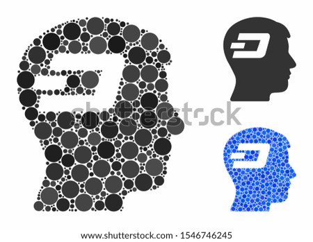 Dash brain composition of small circles in variable sizes and shades, based on Dash brain icon. Vector small circles are organized into blue collage. Dotted Dash brain icon in usual and blue versions.