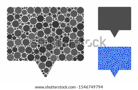Banner mosaic of round dots in different sizes and color hues, based on banner icon. Vector round dots are grouped into blue mosaic. Dotted banner icon in usual and blue versions.