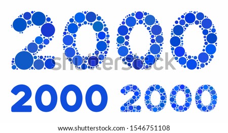 2000 digits text composition of small circles in different sizes and shades, based on 2000 digits text icon. Vector random circles are combined into blue composition.