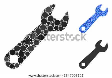 Wrench composition of small circles in different sizes and color tones, based on wrench icon. Vector small circles are united into blue composition. Dotted wrench icon in usual and blue versions.