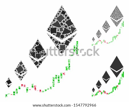 Ethereum growth chart composition of unequal pieces in different sizes and shades, based on Ethereum growth chart icon. Vector rough pieces are organized into collage.