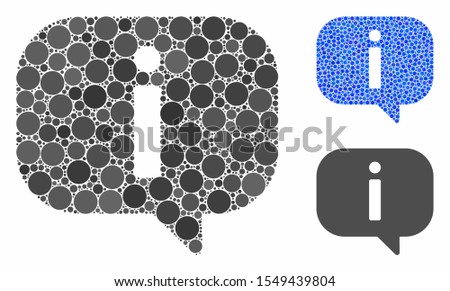 About composition of small circles in various sizes and shades, based on about icon. Vector filled circles are grouped into blue composition. Dotted about icon in usual and blue versions.