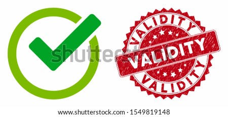 Vector validity icon and grunge round stamp seal with Validity caption. Flat validity icon is isolated on a white background. Validity stamp seal uses red color and distress surface.