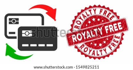 Vector banking card exchange icon and distressed round stamp watermark with Royalty Free caption. Flat banking card exchange icon is isolated on a white background.