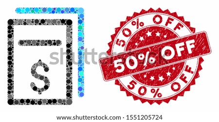 Mosaic price copy and corroded stamp seal with 50% Off caption. Mosaic vector is designed with price copy icon and with randomized spheric elements. 50% Off stamp seal uses red color,