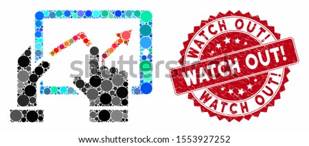 Mosaic mobile monitoring and rubber stamp seal with Watch Out! caption. Mosaic vector is created with mobile monitoring icon and with scattered circle elements. Watch Out! stamp seal uses red color,