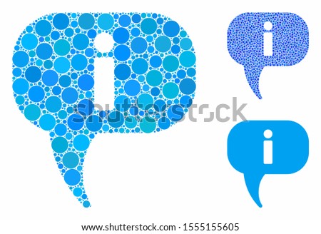 About composition of round dots in different sizes and color tints, based on about icon. Vector dots are combined into blue composition. Dotted about icon in usual and blue versions.