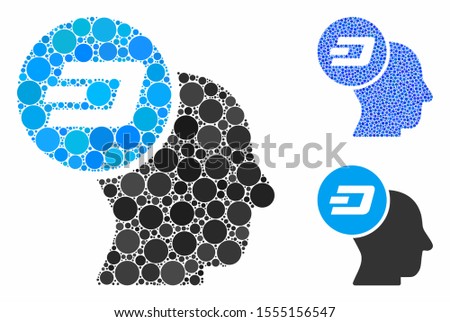Dash thinking head composition of filled circles in various sizes and shades, based on Dash thinking head icon. Vector filled circles are combined into blue mosaic.