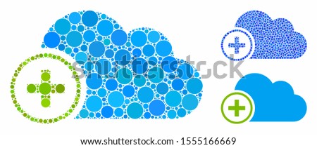 Add cloud composition of round dots in different sizes and shades, based on add cloud icon. Vector round dots are organized into blue composition. Dotted add cloud icon in usual and blue versions.