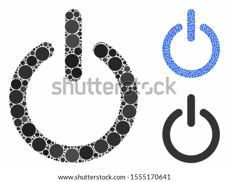 Turn off mosaic of small circles in variable sizes and shades, based on turn off icon. Vector small circles are combined into blue mosaic. Dotted turn off icon in usual and blue versions.