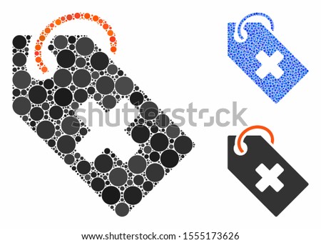 Hospital tag composition of filled circles in variable sizes and shades, based on hospital tag icon. Vector filled circles are organized into blue mosaic.
