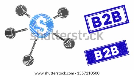 Mosaic financial network icon and rectangular seals. Flat vector financial network mosaic icon of random rotated rectangular items. Blue caption rubber seals with dirty surface.