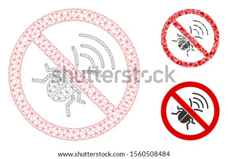 Mesh no spy bug model with triangle mosaic icon. Wire frame triangular mesh of no spy bug. Vector mosaic of triangle parts in variable sizes, and color tints. Abstract 2d mesh no spy bug,