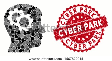 Collage intellect gears and corroded stamp seal with Cyber Park phrase. Mosaic vector is formed with intellect gears icon and with randomized round elements. Cyber Park stamp seal uses red color,