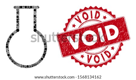 Mosaic empty round flask and rubber stamp seal with Void caption. Mosaic vector is designed with empty round flask icon and with randomized spheric spots. Void stamp seal uses red color,