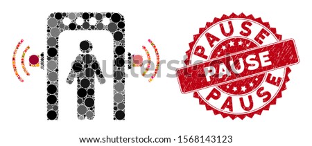 Mosaic passenger control and grunge stamp watermark with Pause phrase. Mosaic vector is created with passenger control icon and with random spheric items. Pause stamp uses red color,