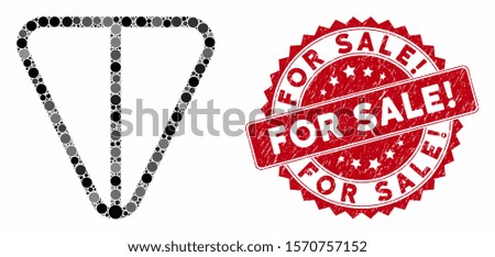 Mosaic ton currency and grunge stamp watermark with For Sale! caption. Mosaic vector is created with ton currency icon and with random circle spots. For Sale! stamp seal uses red color,