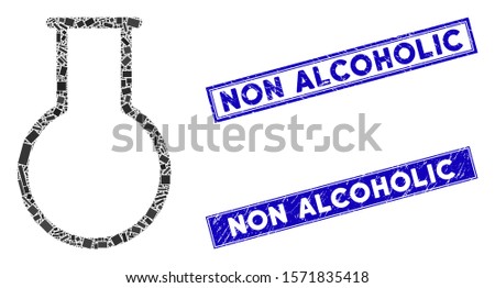 Mosaic empty round flask icon and rectangle Non Alcoholic rubber prints. Flat vector empty round flask mosaic icon of scattered rotated rectangle elements.