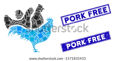 Mosaic chickens pictogram and rectangle Pork Free watermarks. Flat vector chickens mosaic icon of random rotated rectangle items. Blue Pork Free rubber stamps with rubber surface.