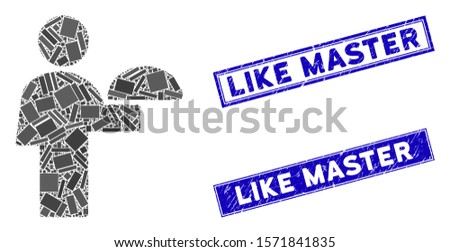 Mosaic waiter icon and rectangular Like Master seal stamps. Flat vector waiter mosaic icon of randomized rotated rectangular items. Blue Like Master watermarks with grunged texture.