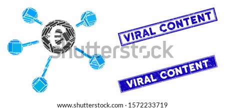 Mosaic Euro links icon and rectangle Viral Content rubber prints. Flat vector Euro links mosaic icon of randomized rotated rectangle elements. Blue Viral Content seals with rubber surface.