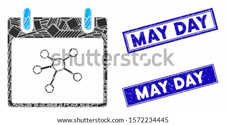 Mosaic links calendar day icon and rectangular May Day seal stamps. Flat vector links calendar day mosaic icon of random rotated rectangular elements. Blue May Day seal stamps with grunged surface.