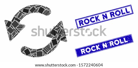 Mosaic refresh CCW pictogram and rectangle Rock N Roll seal stamps. Flat vector refresh CCW mosaic pictogram of scattered rotated rectangle elements.