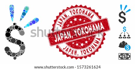 Mosaic dollar shine icon and rubber stamp seal with Japan, Yokohama text. Mosaic vector is formed from dollar shine icon and with random spheric spots. Japan, Yokohama stamp seal uses red color,