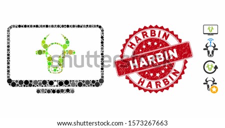 Mosaic cattle monitor icon and rubber stamp seal with Harbin phrase. Mosaic vector is composed with cattle monitor icon and with scattered spheric elements. Harbin stamp uses red color,