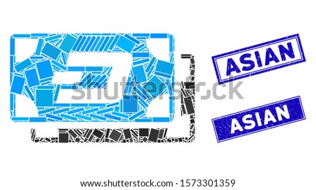 Mosaic Dash banknotes pictogram and rectangle Asian seals. Flat vector Dash banknotes mosaic pictogram of random rotated rectangle elements. Blue Asian rubber seals with rubber textures.