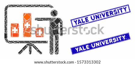 Mosaic medical public report pictogram and rectangular Yale University seal stamps. Flat vector medical public report mosaic pictogram of scattered rotated rectangular elements.